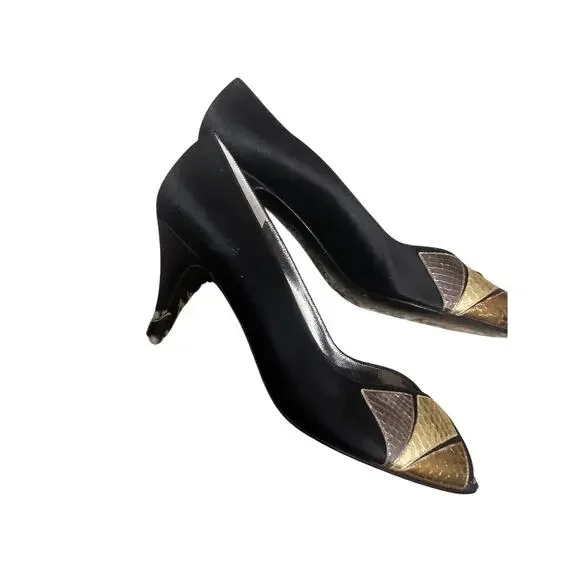 Vintage: Bruno Magli & Metallic Patchwork Peep Toe Pumps & Black Satin - Picture 5 of 6